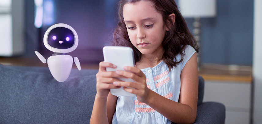 young girl chatting on phone with AI companion bot