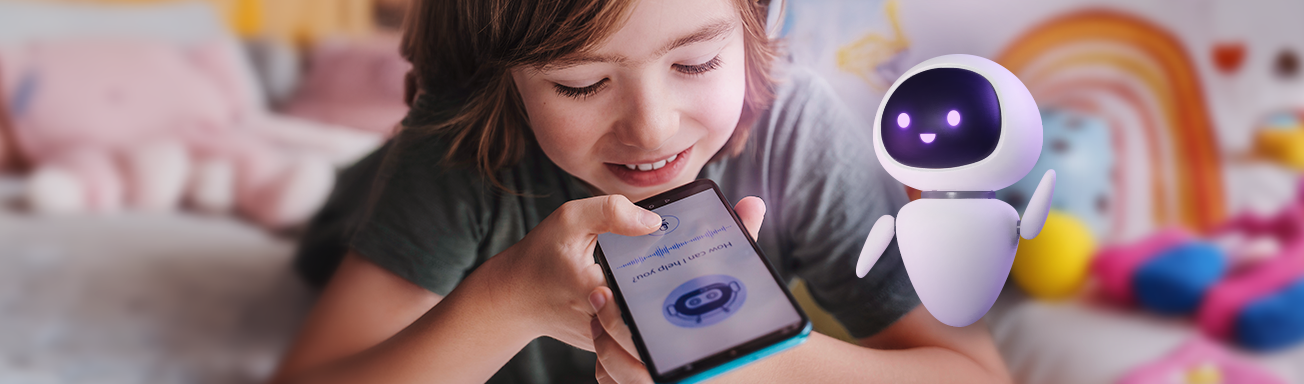 young boy speaking through voice notes with an AI companion bot