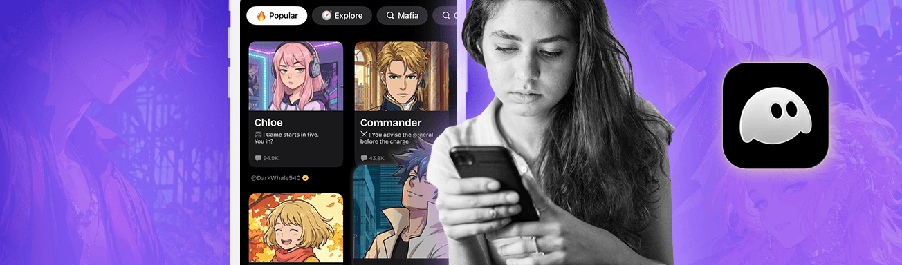 A teenage girl scrolls on a mobile phone, set against a bright purple backdrop. In the background, a phone screen displays a character bot interfact, Swerve AI, indicating this is the app the girl is interacting with. The Swerve AI app logo is included to indicate this is a guide for families to learn more about the app.